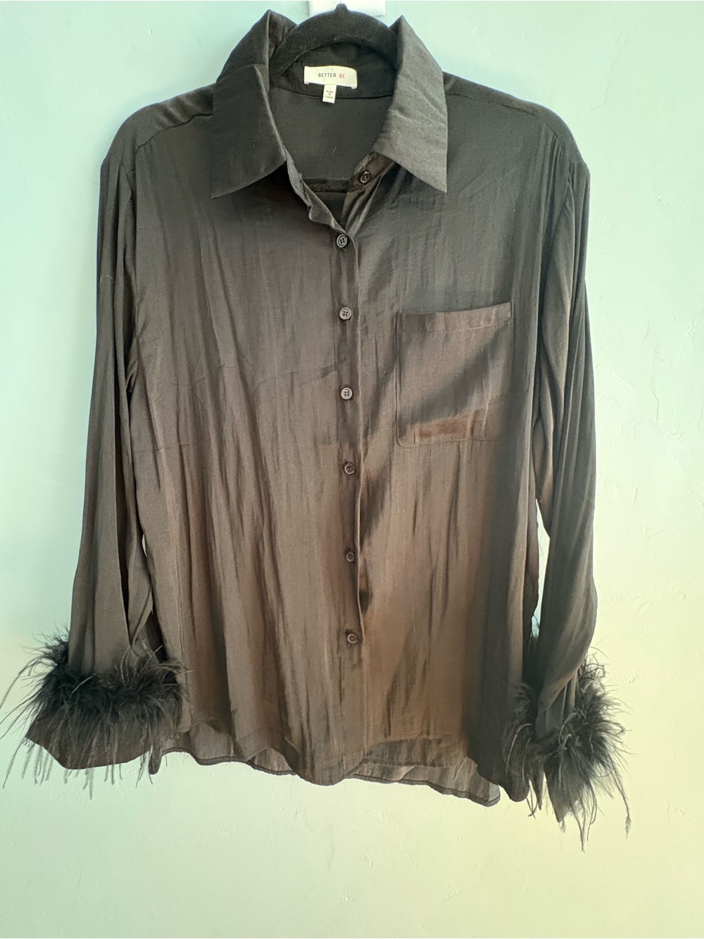 Better Be Black Button-Down Shirt with Feather Cuffs